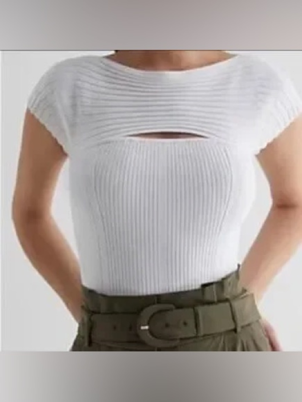 Express Body Contour White & Green Ribbed Cutout Sweater Bodysuit